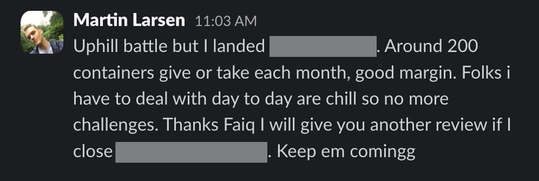 Client message from Martin Larsen about landing a client moving around 200 containers a month